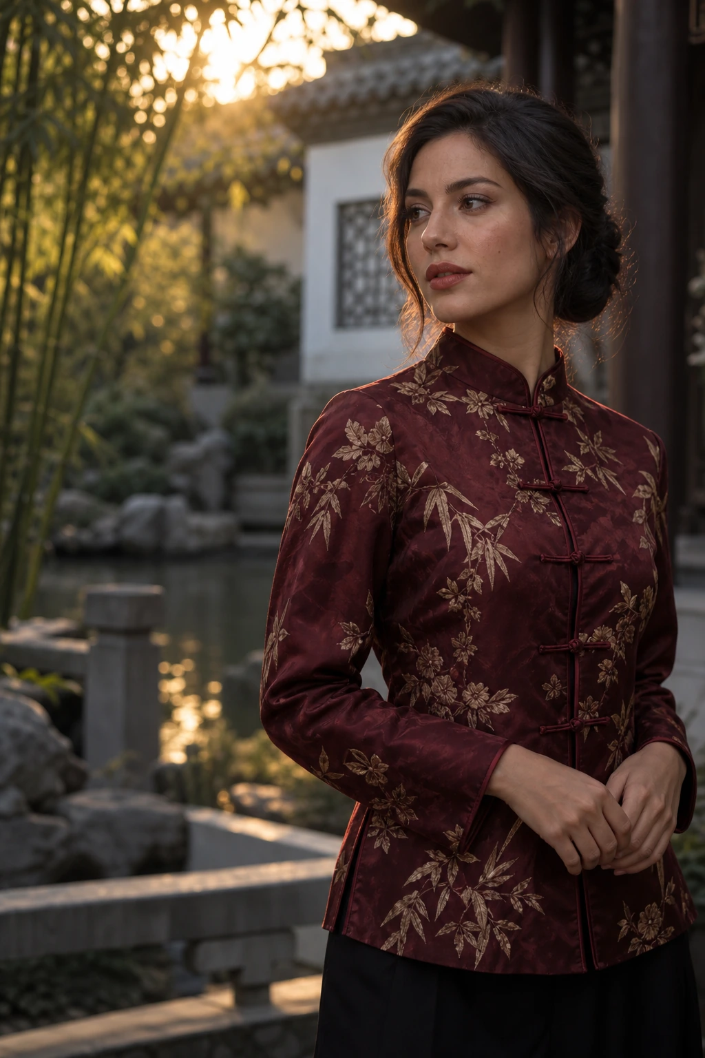 Mujer adulta de rasgos hispanos con vestuario inspirado en la dinastía Tang