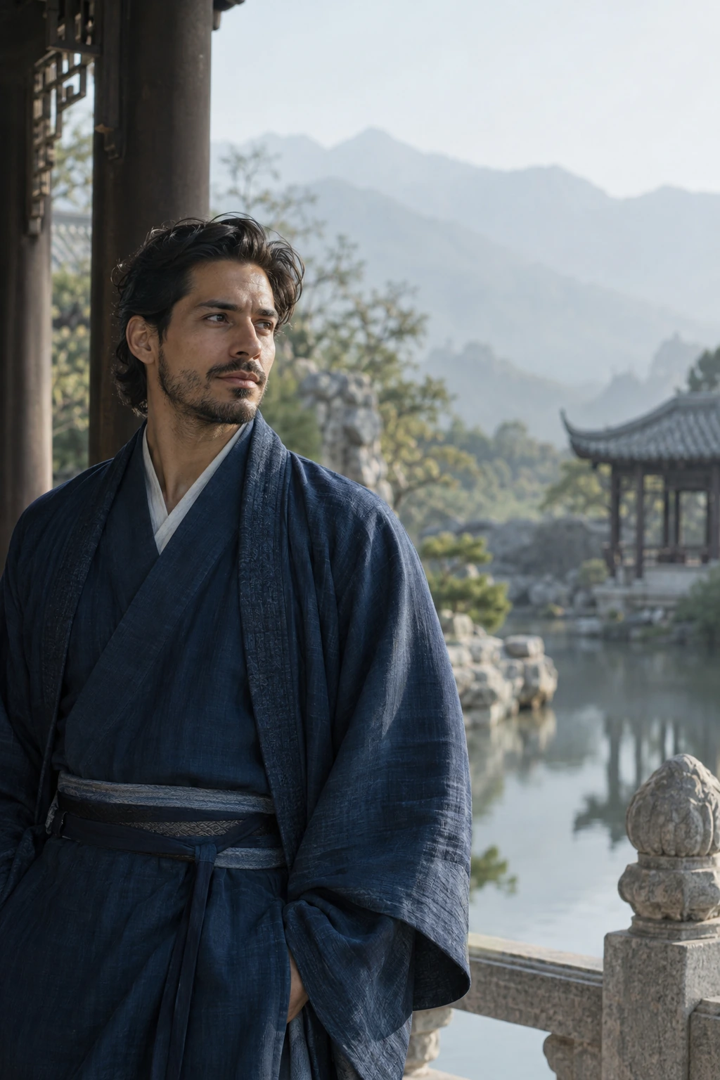 Hombre adulto de rasgos hispanos con Hanfu moderno en un retrato cultural chino