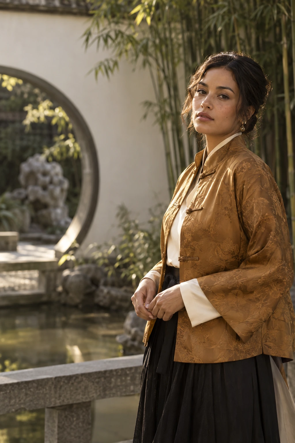Mulher adulta brasileira usando roupa chinesa moderna em um retrato cultural