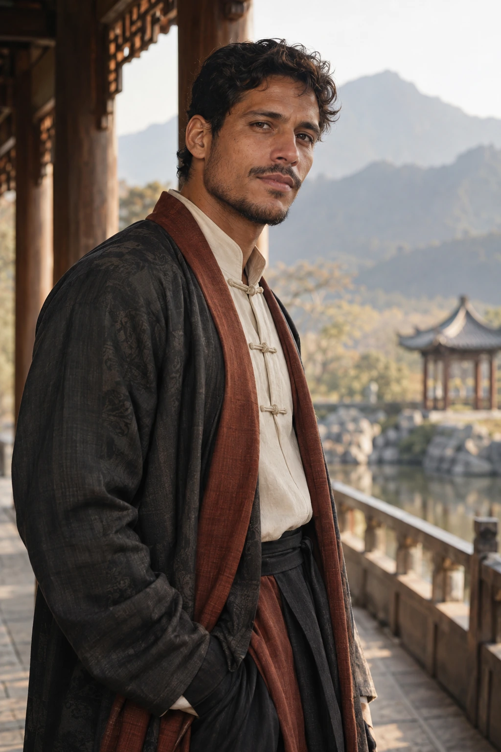 Homem adulto brasileiro usando roupa inspirada na dinastia Tang em um retrato cultural