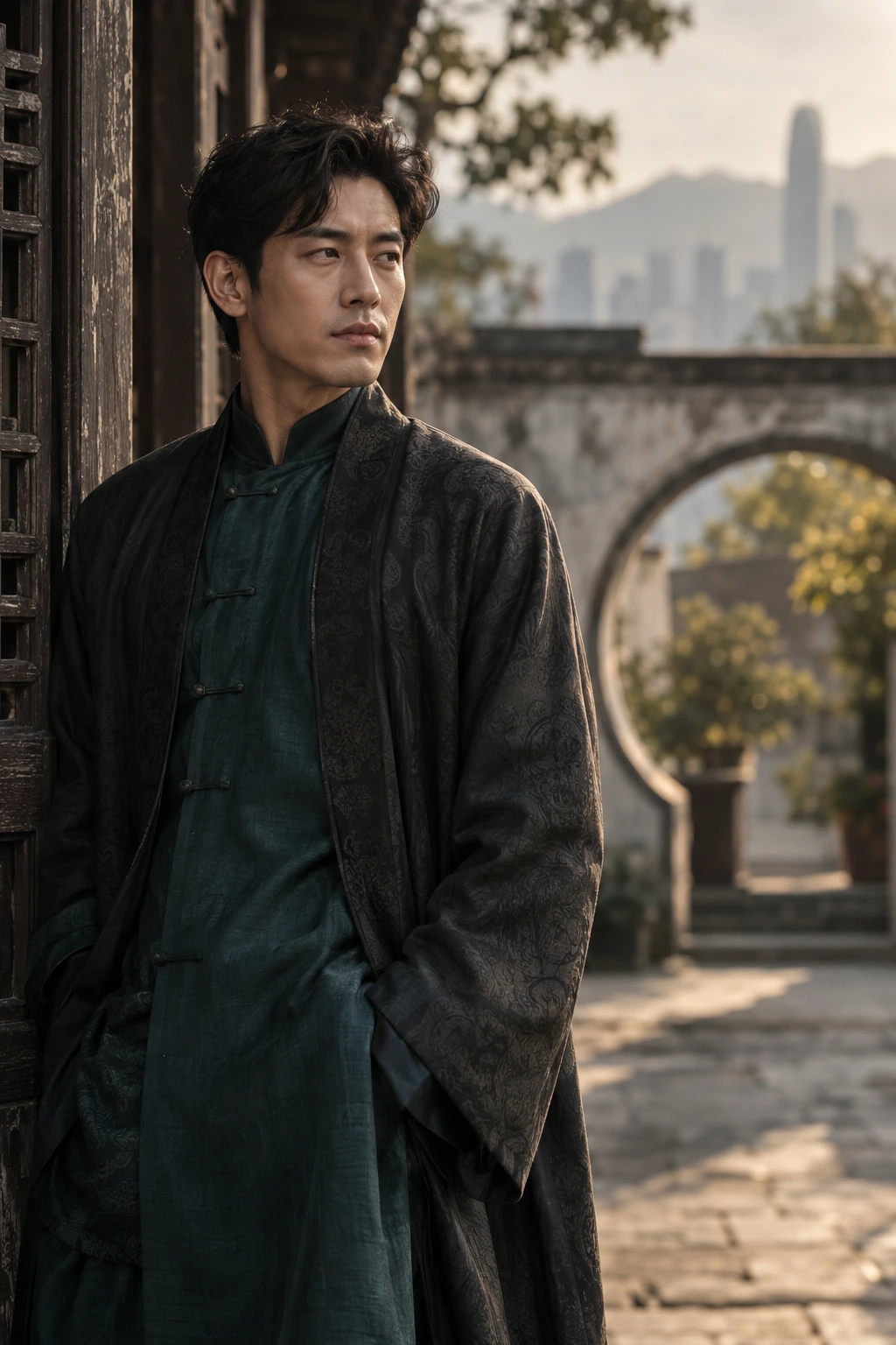 香港成年男性穿著唐風服裝的中國文化肖像